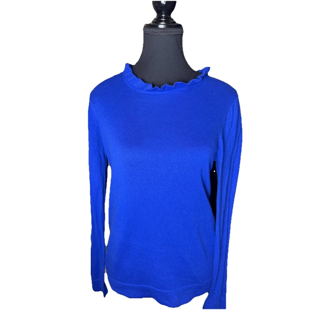 J. Crew Ruffle Neck Cotton‎ Sweater Women's Sz XS Blue Business Casual Holiday
